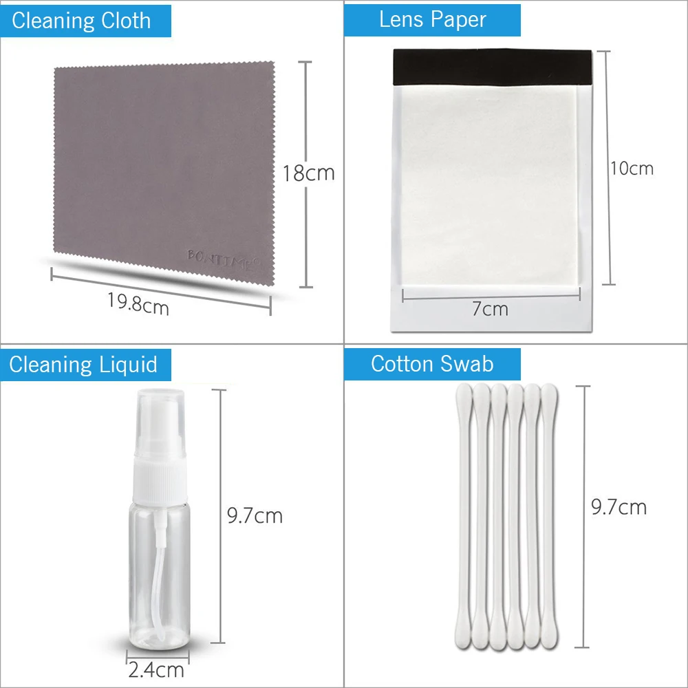 Chiffon microfibre et lingettes dépoussiérantes rangés dans une boîte avec le kit de nettoyage professionnel pour objectif appareil photo