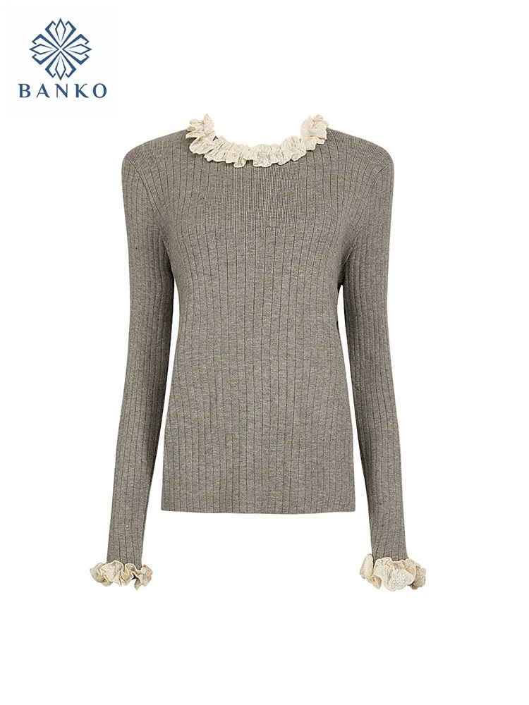 

Fashion Simple Classical Knitted Sweater Vintage Lace O-Neck Long Sleeve Pullovers Office Lady Chic Spring Summer High Quality