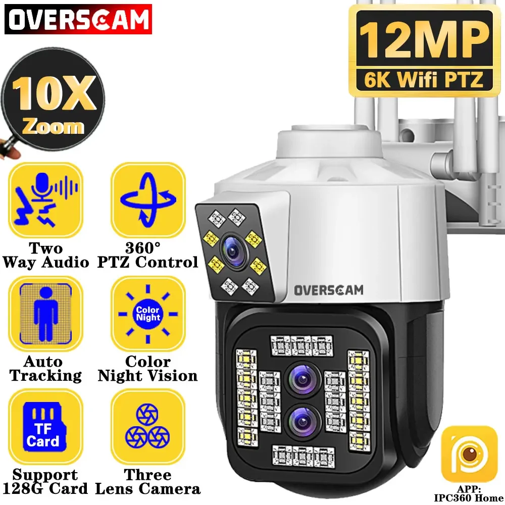 12MP 6K WiFi Camera Outdoor 10X Zoom Dual Screen Three Lens Security IPC360 Video PTZ Surveillance Cameras CCTV Auto Tracking 8mp 4k dual lens ip camera outdoor ptz 4mp wifi security cameras cctv video surveillance 10x zoom 3 6mm 8mm auto tracking camhi