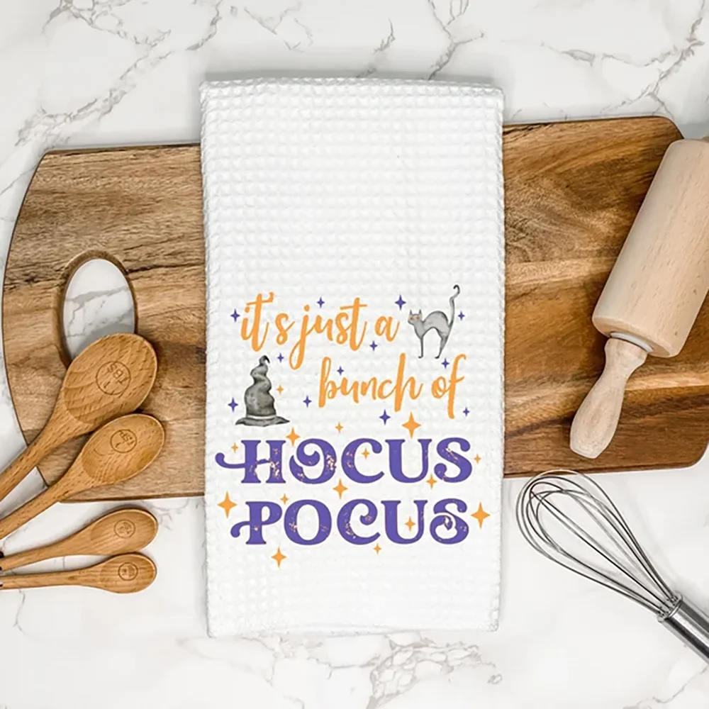 Hocus Pocus Halloween Waffle Tea Towel Fall Farmhouse Hand Dish Towel Fun AirBnb Kitchen Table Decor Housewarming Hostess Gift 5