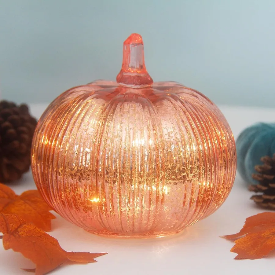 Rustic Decorative Battery Operated LED Pumpkin Lights with Timer for Halloween and Thanksgiving Fall Season Rosegold FineStripe