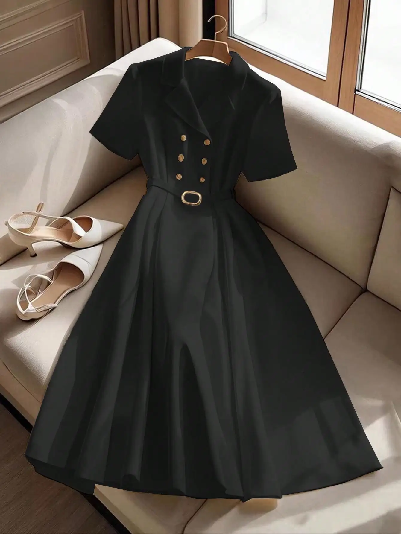 فستان نسائي أنيق بطول متوسط، مناسب للتنقل إلى العم...