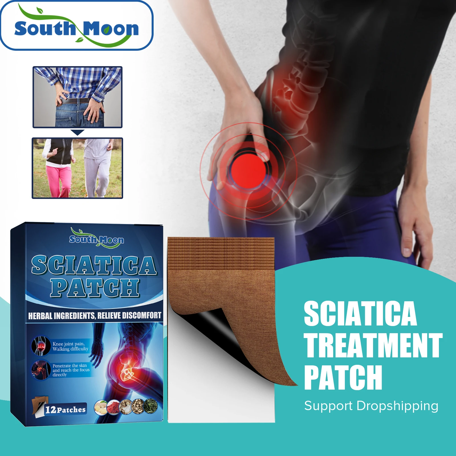 

South Moon Sciatica Pain Relief Patch for Hip Joint Sitting Pain Knee Support Joint Stiffness Arthritis Herbal Medical Plaster