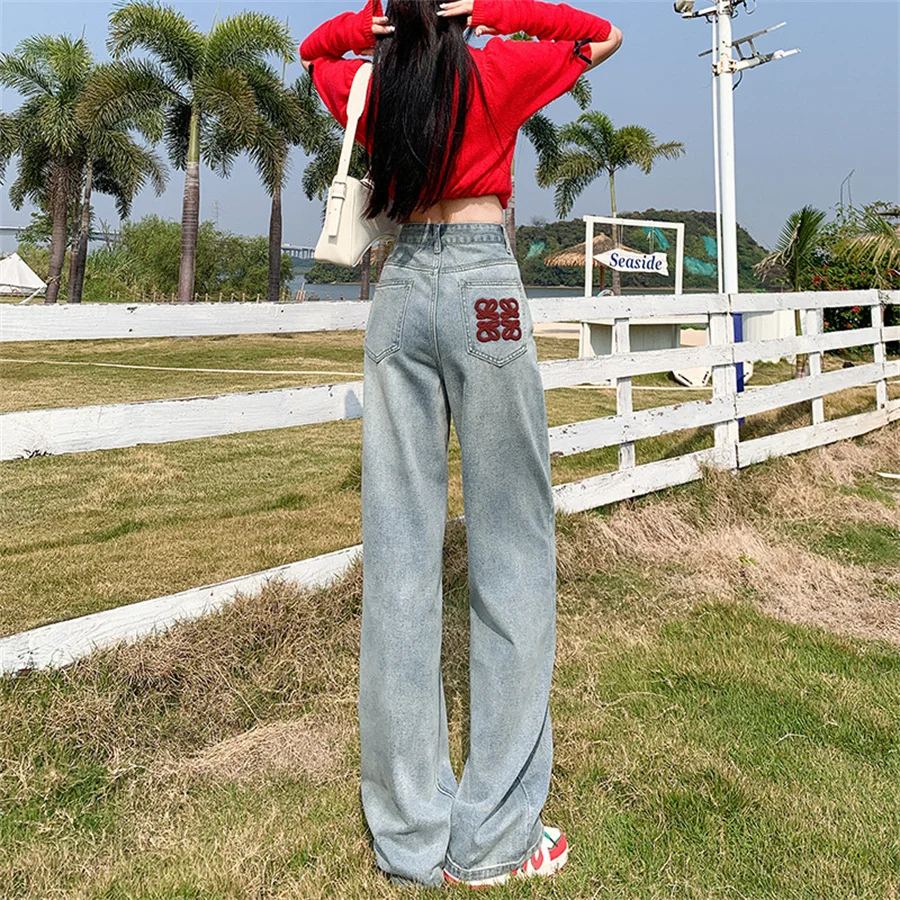 Embroidery Velvet Lined Wide Leg Jeans Winter Design Casual High Waist Baggy Straight Vaqueros Korea New Warm Woman Denim Pants