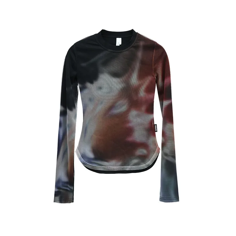 Karrcat Cyber Y2k Mesh Tops Grunge Gradient Print T-shirt Irregular Tie Dye Chic T Shirt Korean Fashion Harajuku Streetwear 00s
