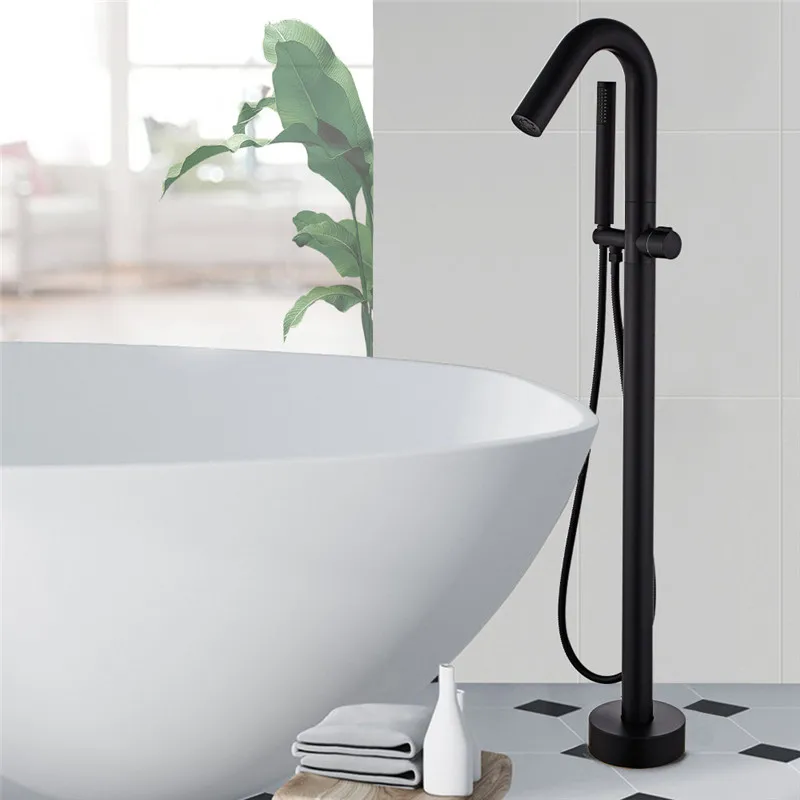 

360 Degree Rotation Black Bathtub Faucet Floor Stand Bathtub Mixer Spout with Handshower Head Bath Mixer Shower