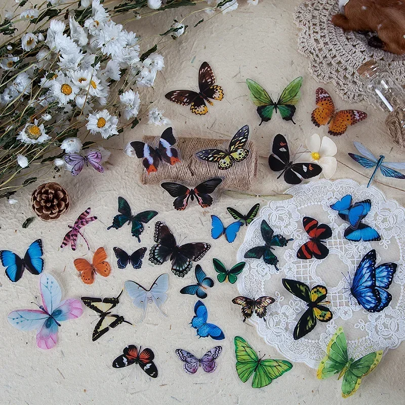 Colorful Butterfly Retro Art Handbook Scrapbook DIY Decoration Wall PET Sticker 40Pcs Album Notebook Scrapbooking Stickers handbook stickers,butterfly stickers,decorative stickers,decorative labels stickers,stationery stickers,self adhesive stickers,adhesive stickers,animal stickers,paper stickers