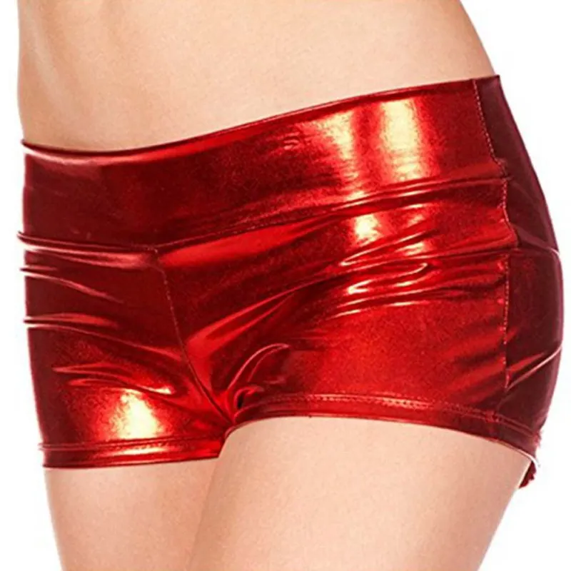 Woman Sexy Shorts Shiny PU Shorts Mid Waist Adult Metallic Rave Booty Dance Leather