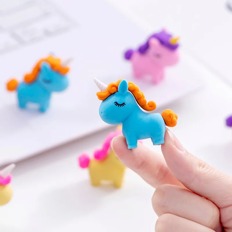 3Pcs/Lot Cute Cartoon Unicorn Eraser Kawaii 3D Pony Detachable Pencil Eraser Rubber For Kids School Student Stationery Gifts 4