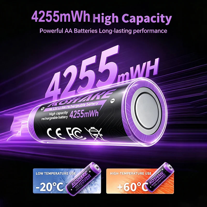 KOSHARE AA & AAA Rechargeable Li-ion Batteries 1.5V 4255mWh 1100mWh Low Self-discharge For Electric Toys Medical Devices Cameras 1