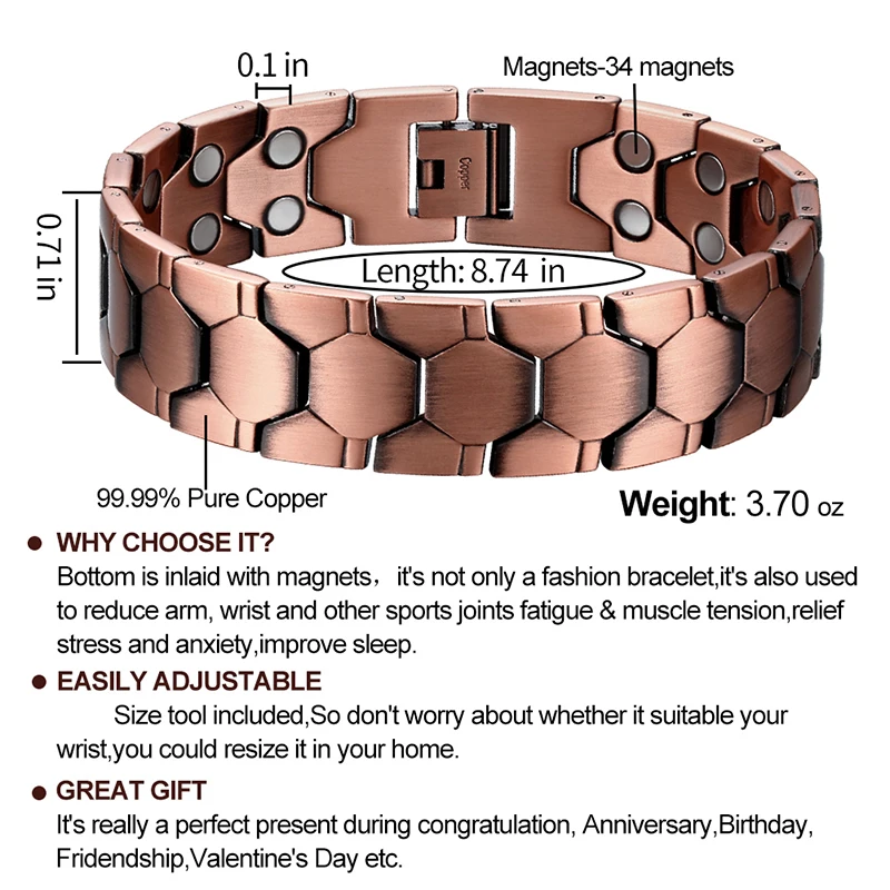 Pure Copper Magnetic Bracelet For Men With 2 Row Neodymium Magnets Adjustable Length Bracelet Jewelry Gifts For Men Father's Day