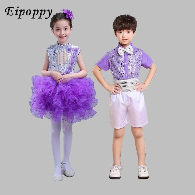 

Children's performance clothing purple sequin fluffy gauze skirt kindergarten boys girls' choir cheerleading dance costumes