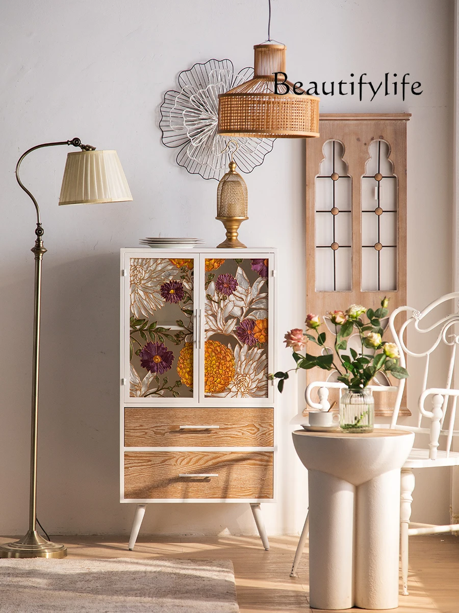 

American-Style Solid Wood Chest of Drawers Vintage Painted Artistic Living Room Entrance Cabinet