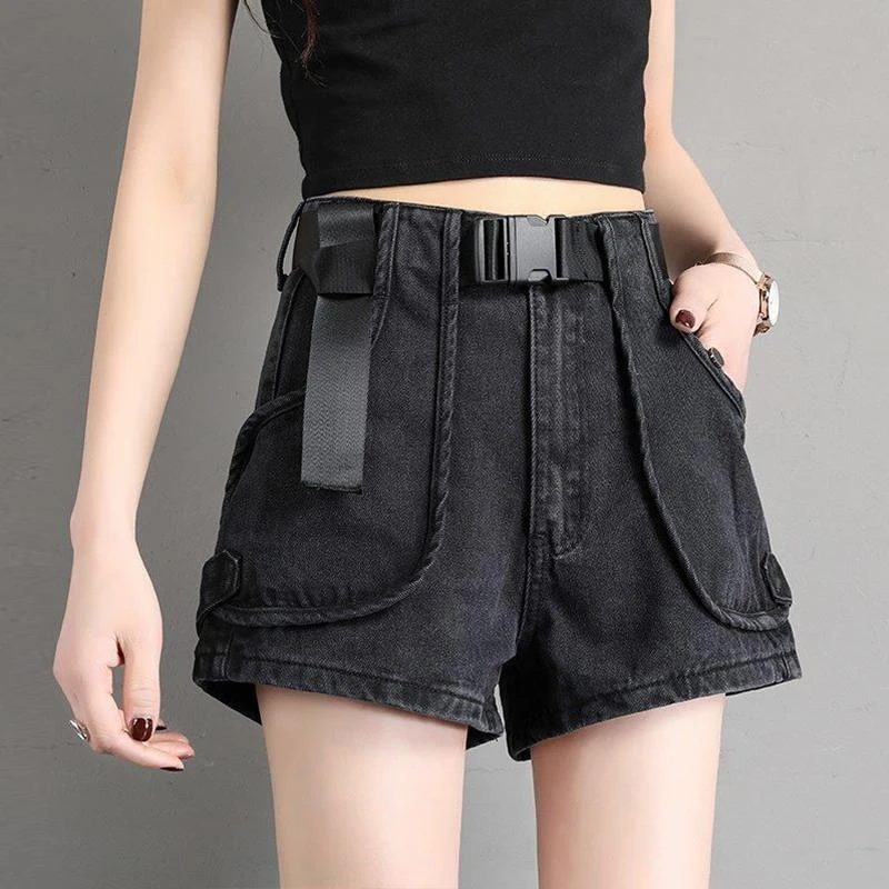 With Waist Women's Cargo Denim Shorts Pocket Punk Mini Belt Short Pants for Woman To Wear Biker Jeans Boxer Black XL Streetwear