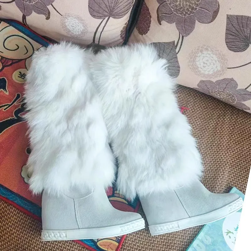

New Fluffy Fox Fur Hidden Wedge Snow Boots Inner Height Increased White Black Suede Knee Boots Woman Warm Winter Real Fur Boots