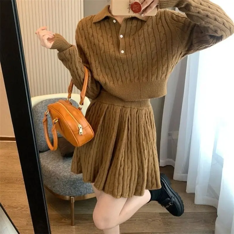 Spring Autumn Korean Retro Fried Dough Twists Aging Lapel Breasted Sweater+Elastic Waist A-line Skirt Two-piece Suit Women autumn and winter 2023 cashmere sweater men s cashmere sweater men s pullover fried dough twists knitwear men s sweater pullover