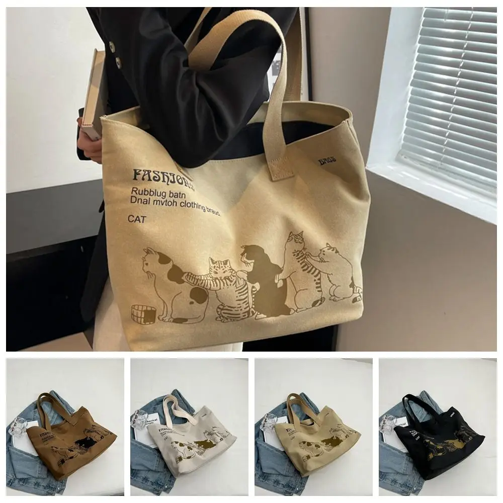 

Print Cat Tote Bag Elegant Large Capacity Canvas Canvas Shoulder Bag Japanese Style Lunch Bag Animal Handbag Shopping