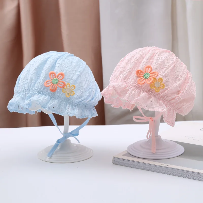 Spring Autumn Cute Newborn Girls Hat Outdoor Infant Lace Bucket Cap Flower Princess Bonnet Hats Kids Headwear Accessories 0-6M