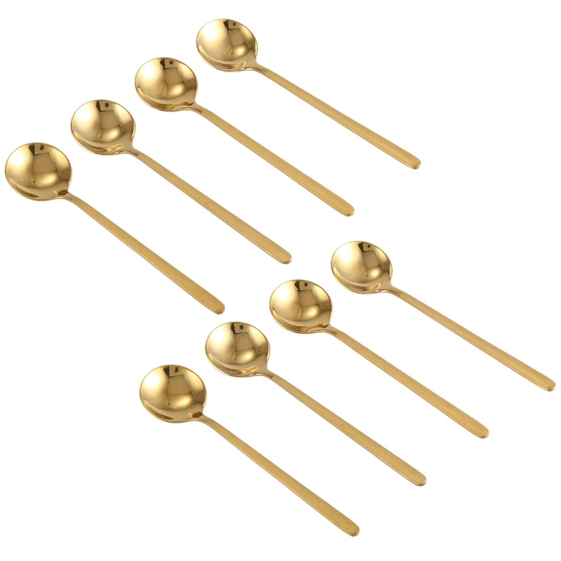 

8X Round Shape Coffee Spoon Stainless Steel Mini Teaspoons Sugar Dessert Spoon Ice Cream Soup Spoon (Gold)