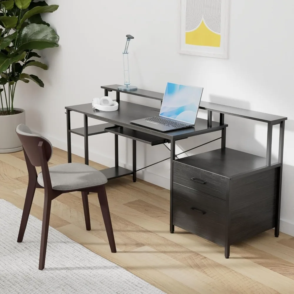 Computer Desk 59" with File Drawer, Gaming Desk with LED & Power Outlets, Home Office Desk with File Cabinet & Storage Shelves 2