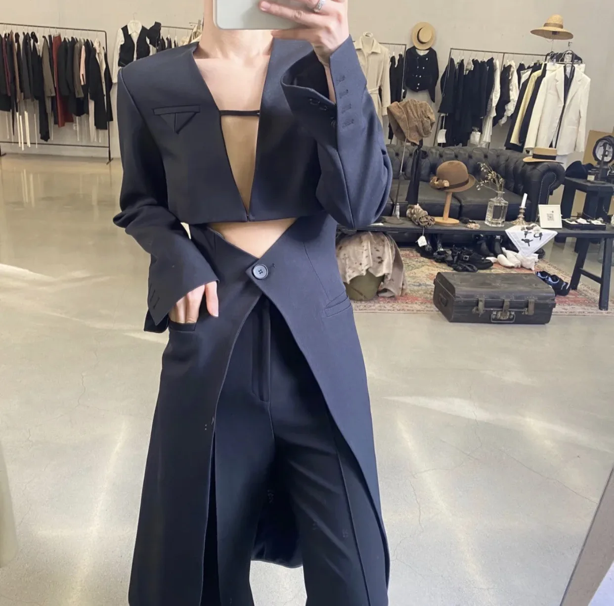 

SuperAen Long Blazers Women Office Lady New Arrival Pocket Elegant Button Spring Autumn Black Long Coat