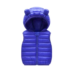 Cozy Kids' Hooded Down Vest with Adorable Ears - Winter Cotton Waistcoat Outerwear - 9-12M(Size 90) (Blue)