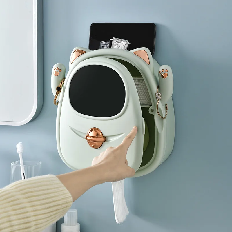 Toilet Paper Holder Wall Mount Cat Toilet Paper Holder Waterproof Tray Roll Tube Tissue Box Drawer Tissue Holder Bathroom Storage Shelves