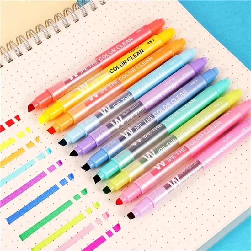 Highlighter Marker 10 Colors Erasable Dual Tip Pastel Fluorescent Pen Art Drawing Doodling School Stationary
