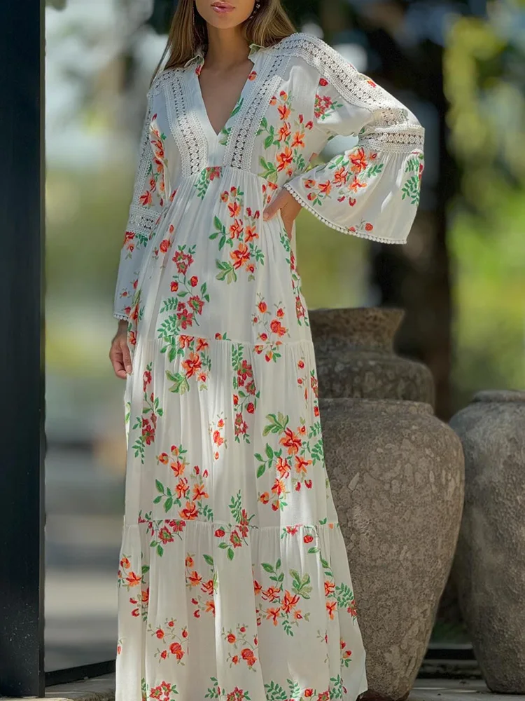 

Hollow Out Printed Loungewear Party Dress, Women Spring Summer Three Quarter Sleeve Maxi Dress, Deep V-Neck Fashion Ladies Dress