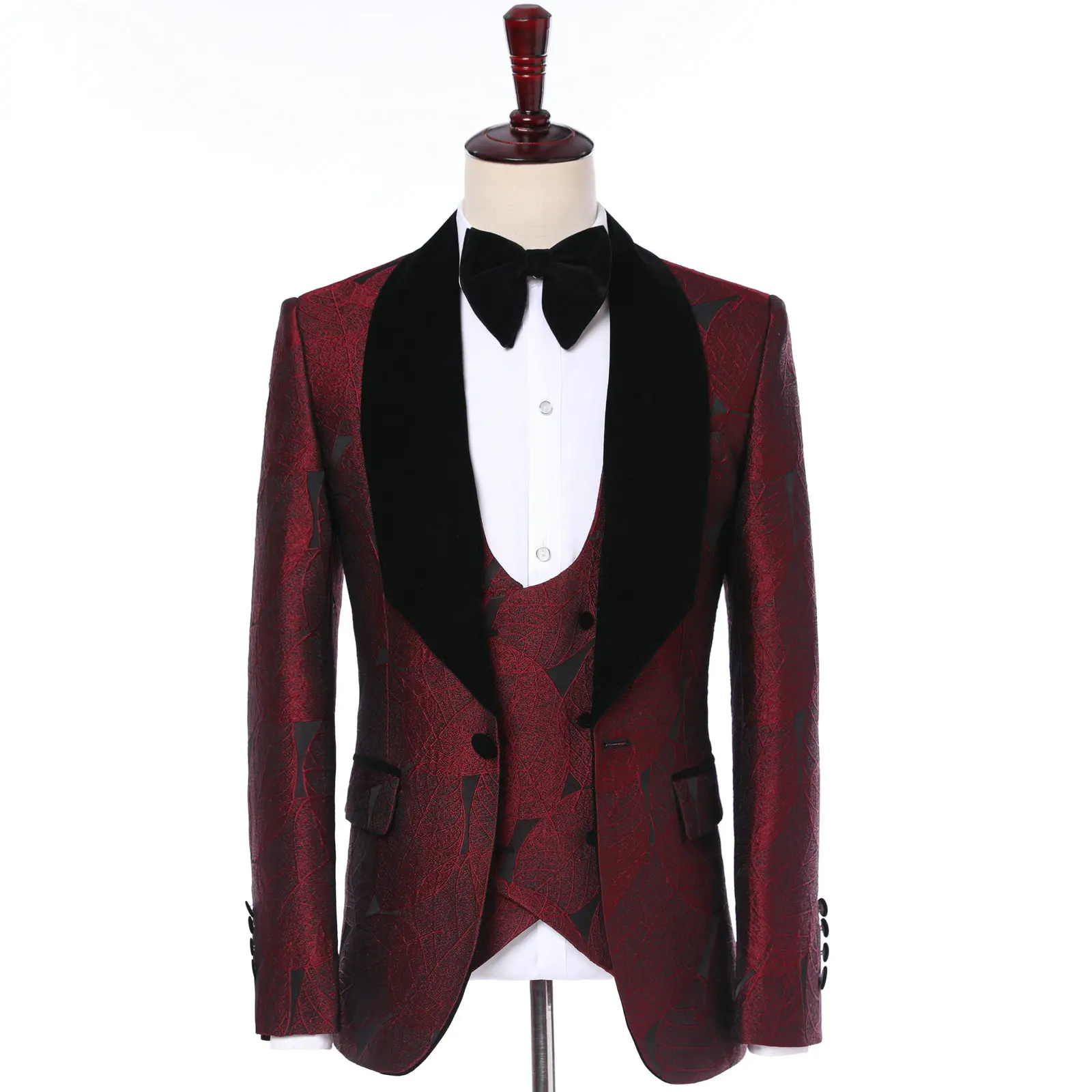 Elegant Groom Dress Classic Italian Tuxedos Suit Design Burgundy Leaves Velvet Lapel Men Suits For Wedding Party Tuxedos