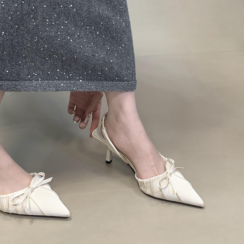 Niche High-heeled Bag Head Sandals Women's 2025 New Temperament Pointed Head Pleated Bow Single Shoes Heels Women