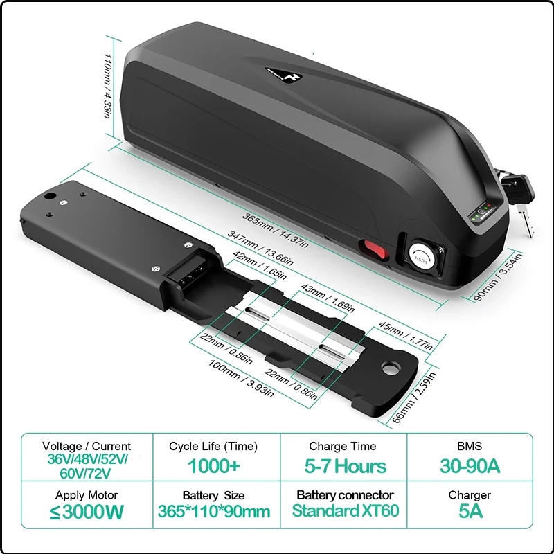 36V48V52V E bike Battery 20 30 40ah 50ah 60ah Electric Bicycle Bike Batteria Hailong 18650 Cells 60v72v Bafang 750w 2000w 3000w