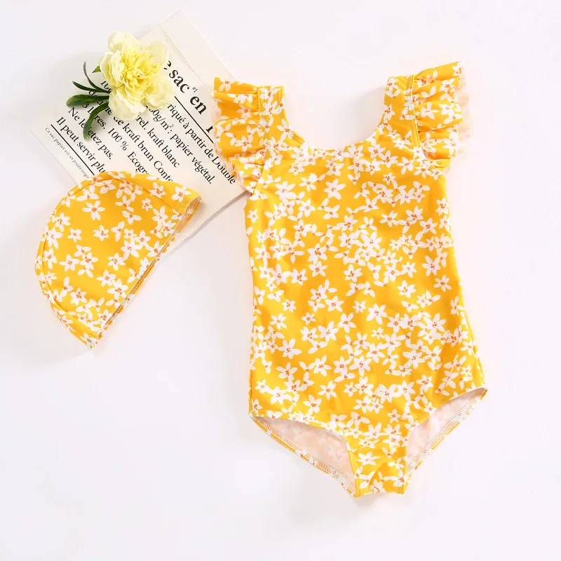 Traje de baño para niñas pequeñas, ropa de flores para niños, traje de baño para niños con volantes de encaje, traje de baño de una pieza con estampado de estilo coreano para niños