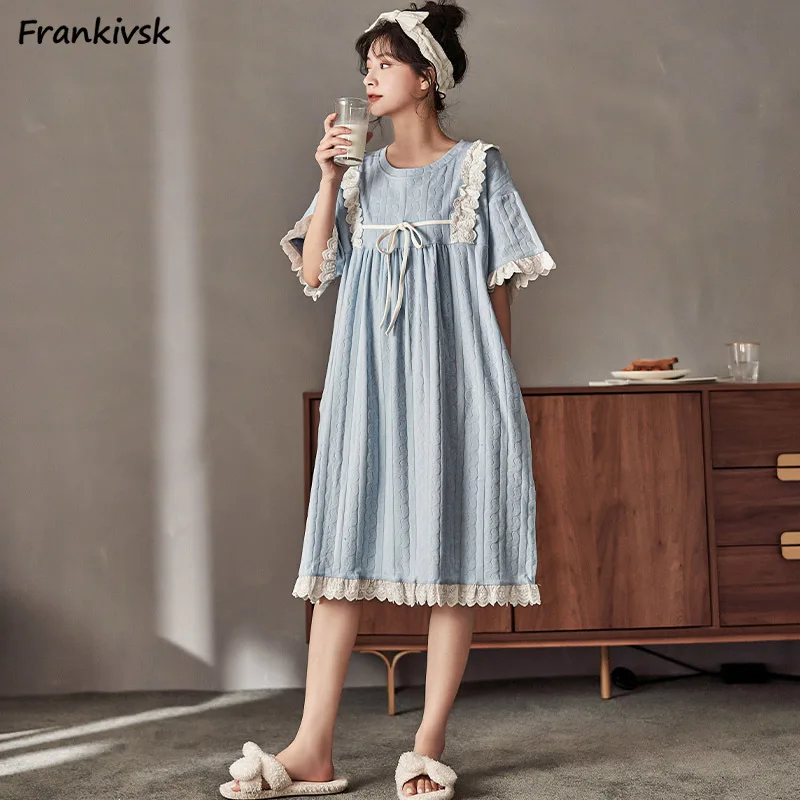 

French Style Nightgowns Women Lace-up Summer Sweet Kawaii O-neck Comfortable Youthful Vitality Homewear Aesthetic Baggy Retro