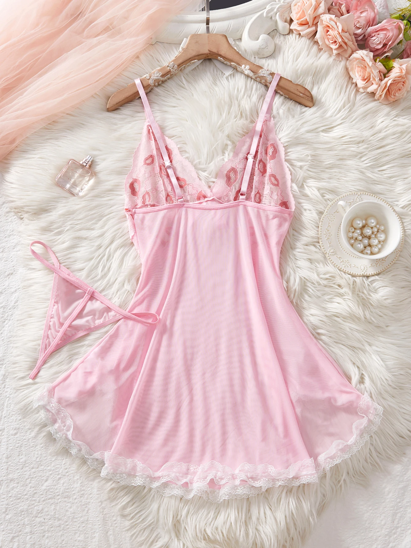 Seductive Pink Lace Babydoll Lingerie Set with Thong