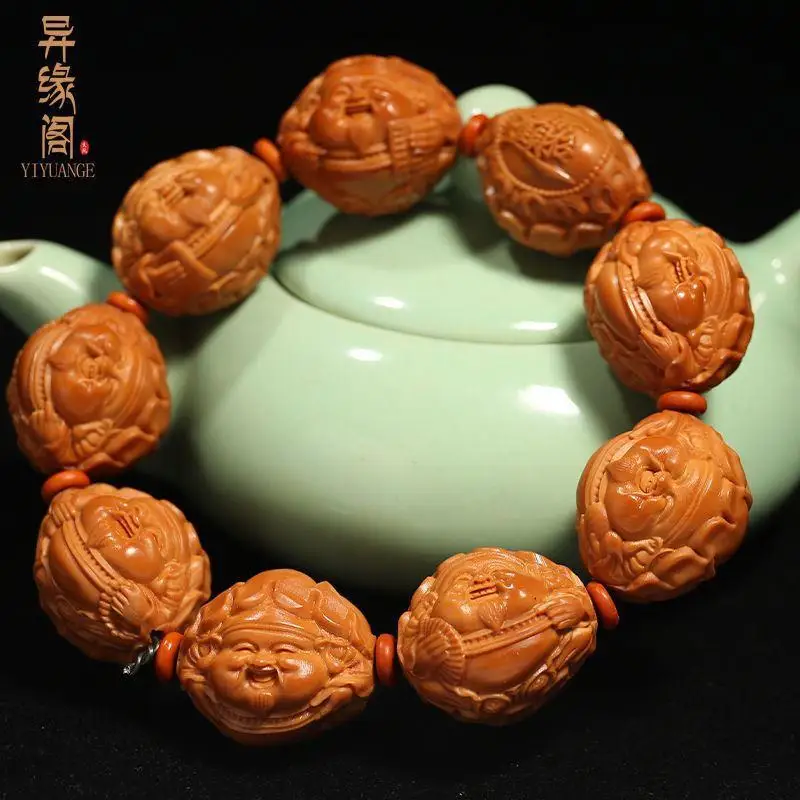 

21 Olive NutLeaf God of Wealth Big Hair Horizontal Only Hand Carved Stone Carving Bracelet Men's