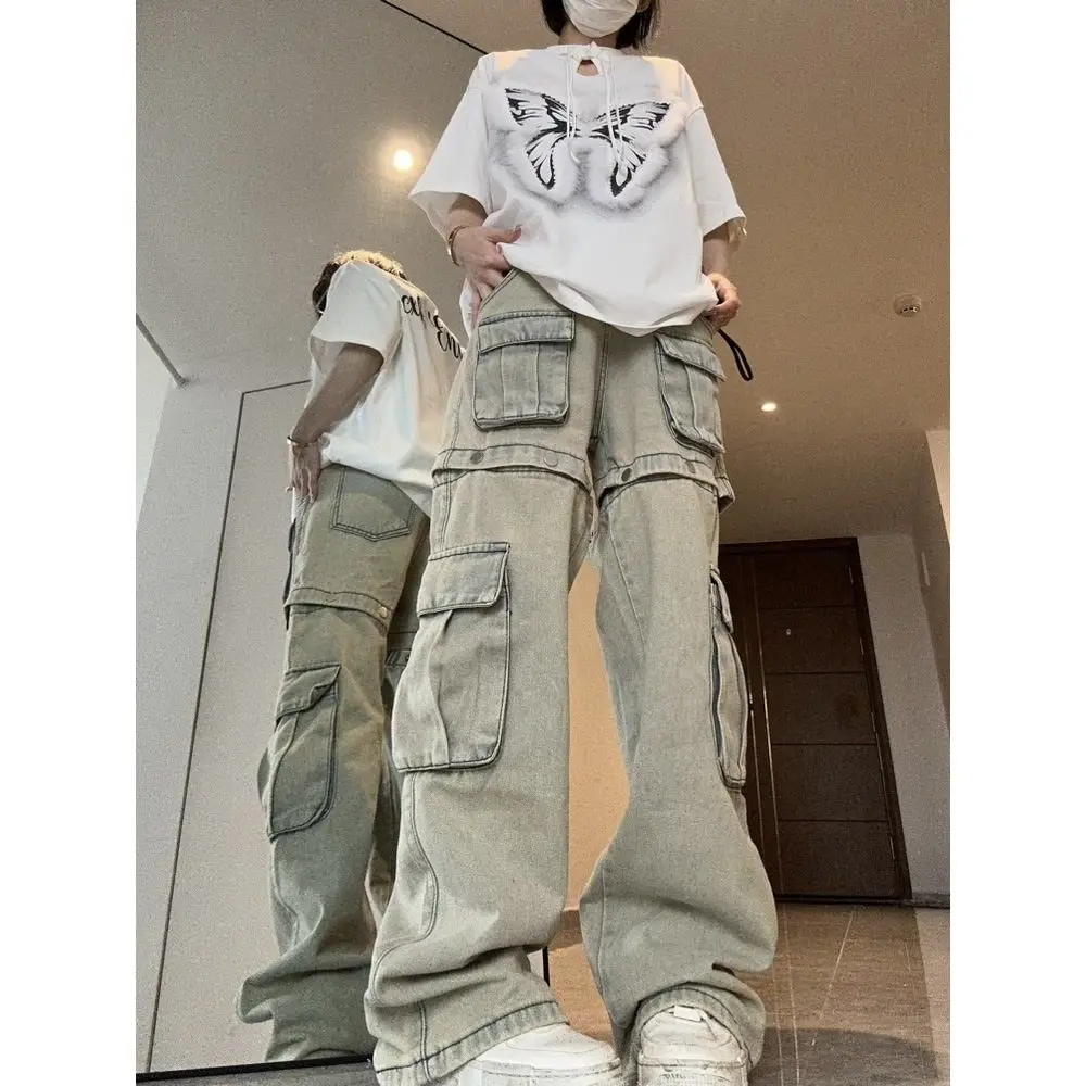 New Fall Pants Removable American Work Jeans Female Summer Retro High Street Straight Fashion Personality Pants Women Jeans  Y2k