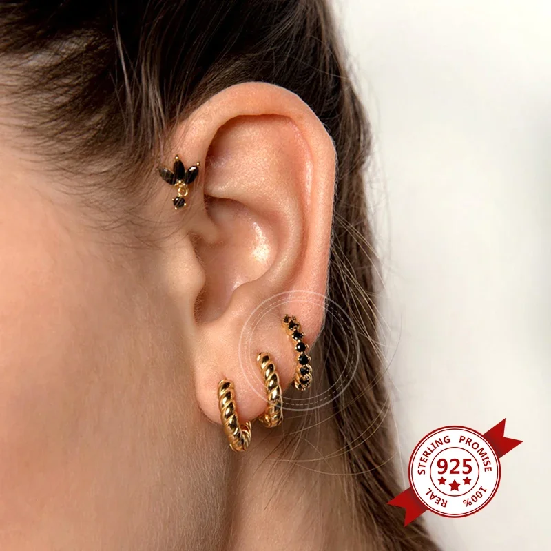 Zircão preto argola para mulheres, agulha de prata esterlina 925, piercing dourado, brincos pendente, moda jóias, 2023