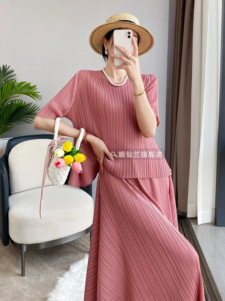 

Miyake Pleated Loose Covering Short Sleeve Set Women's Summer 2023 New T-shirt Long Dress Two Piece Set Female Clothing Robe