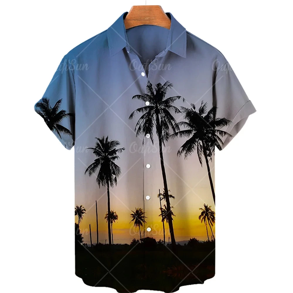 thumbnail image 1 of Camisa de manga corta con estampado 3D de árbol de coco para hombre, estilo hawaiano, para vacaciones en la playa, holgada, de talla grande, para verano de 2024, 1 of 4