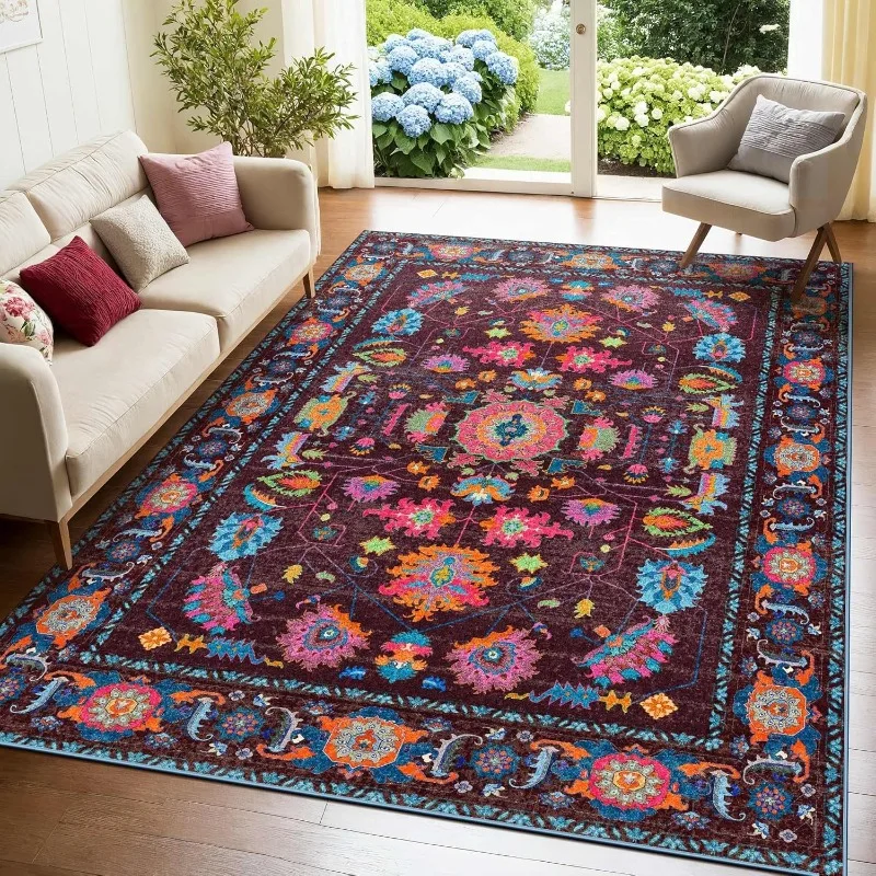 Bohemian Living Room Carpet Large Area Retro Print Bedroom Rugs Machine Washable Foldable Non-slip Coffee Table Floor Mats Tapis