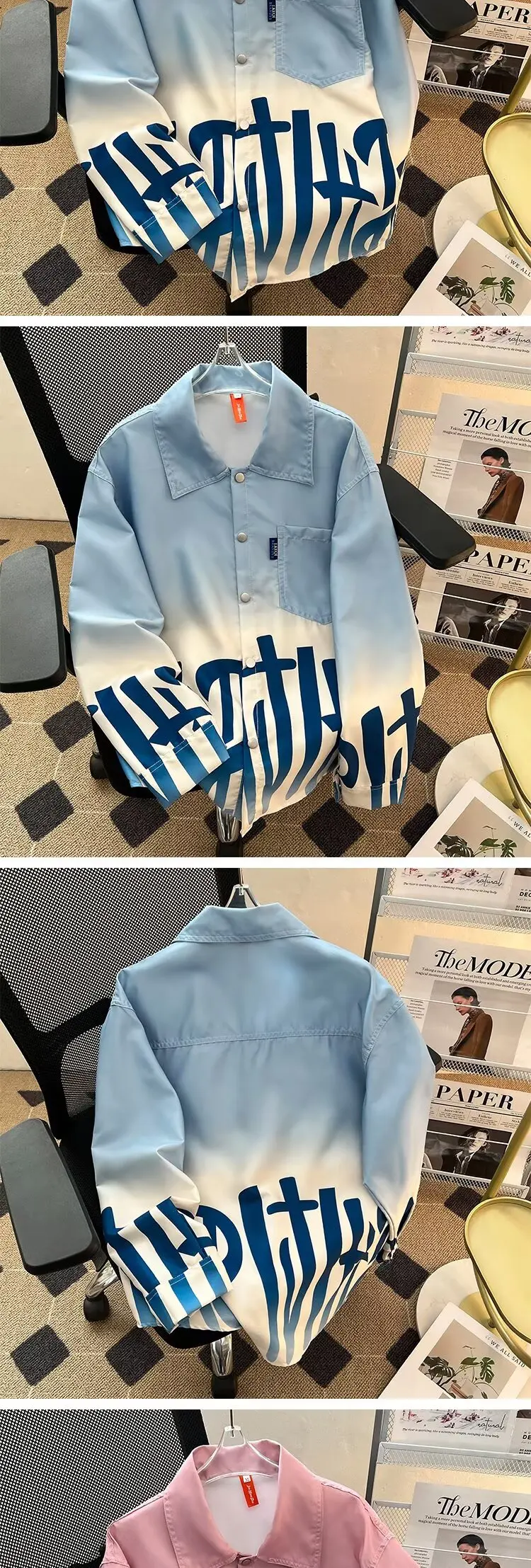 Blue Gradient Pleated Long Sleeve Shirt Back View