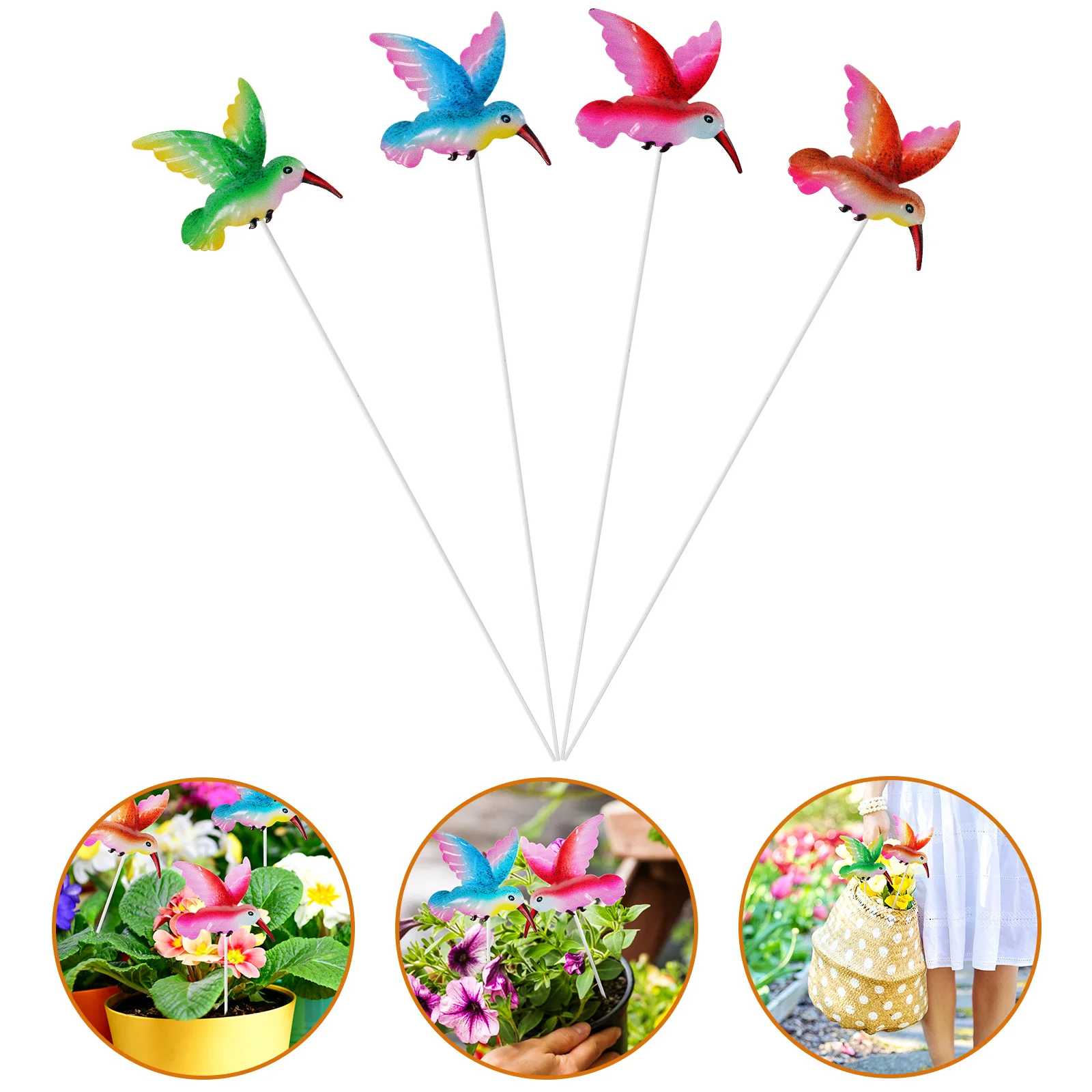 

4 Pcs Iron Garden Insert Decorative Stakes House Plants Grass Hummingbird Indoor Sculptures Simulation Metal Yard