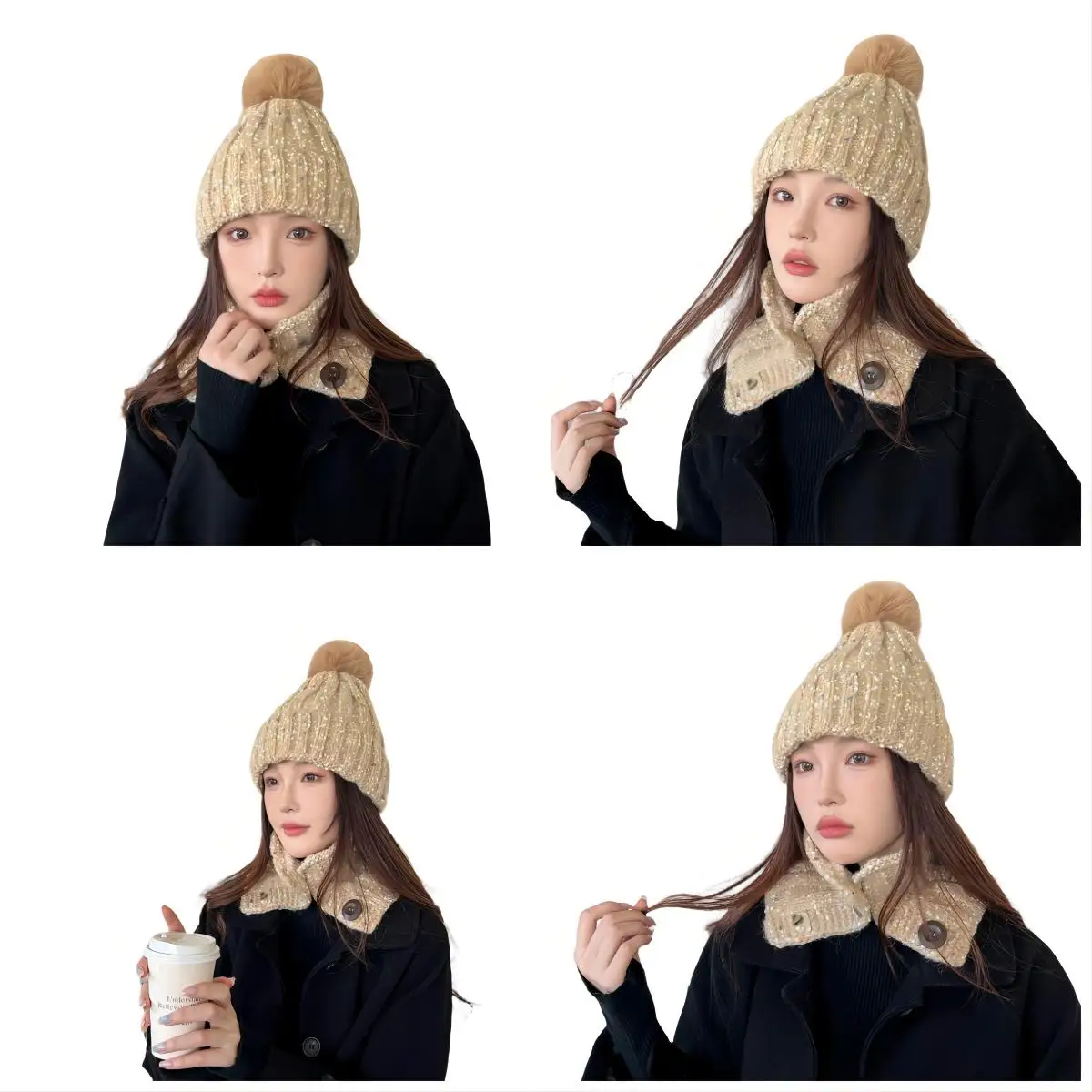 2PCS Set Winter Knitted Hat Snood Collar Two-piece Set Women Warm Neck Scarf With Button for Men Beanie Skullies With Pompon
