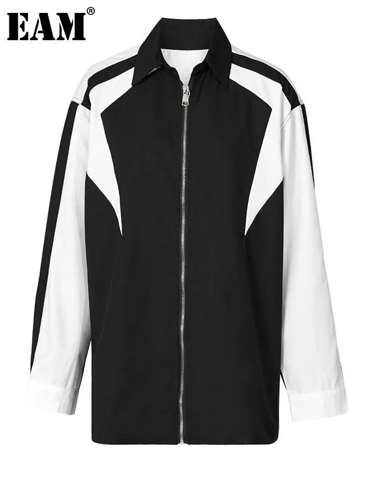 

Женский пиджак с отложным воротником EAM, черное Свободное пальто с длинным рукавом, большие размеры, весна-осень 2024