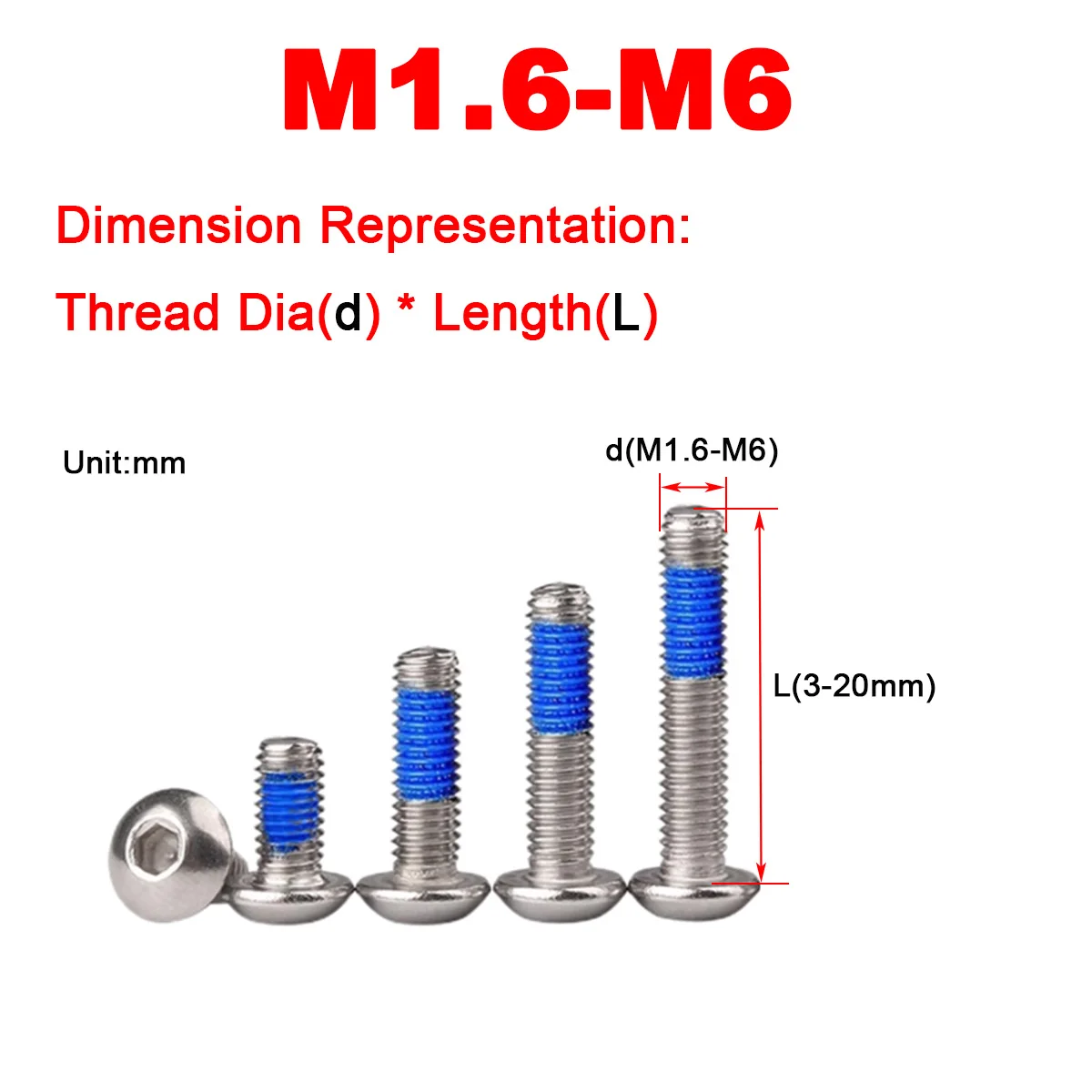 

M1.6M2M2.5M3M4M5M6 Stainless Steel 304 Pan Head Hexagonal Half Coated Blue Glue Bolt Round Head Anti Loosening Screw