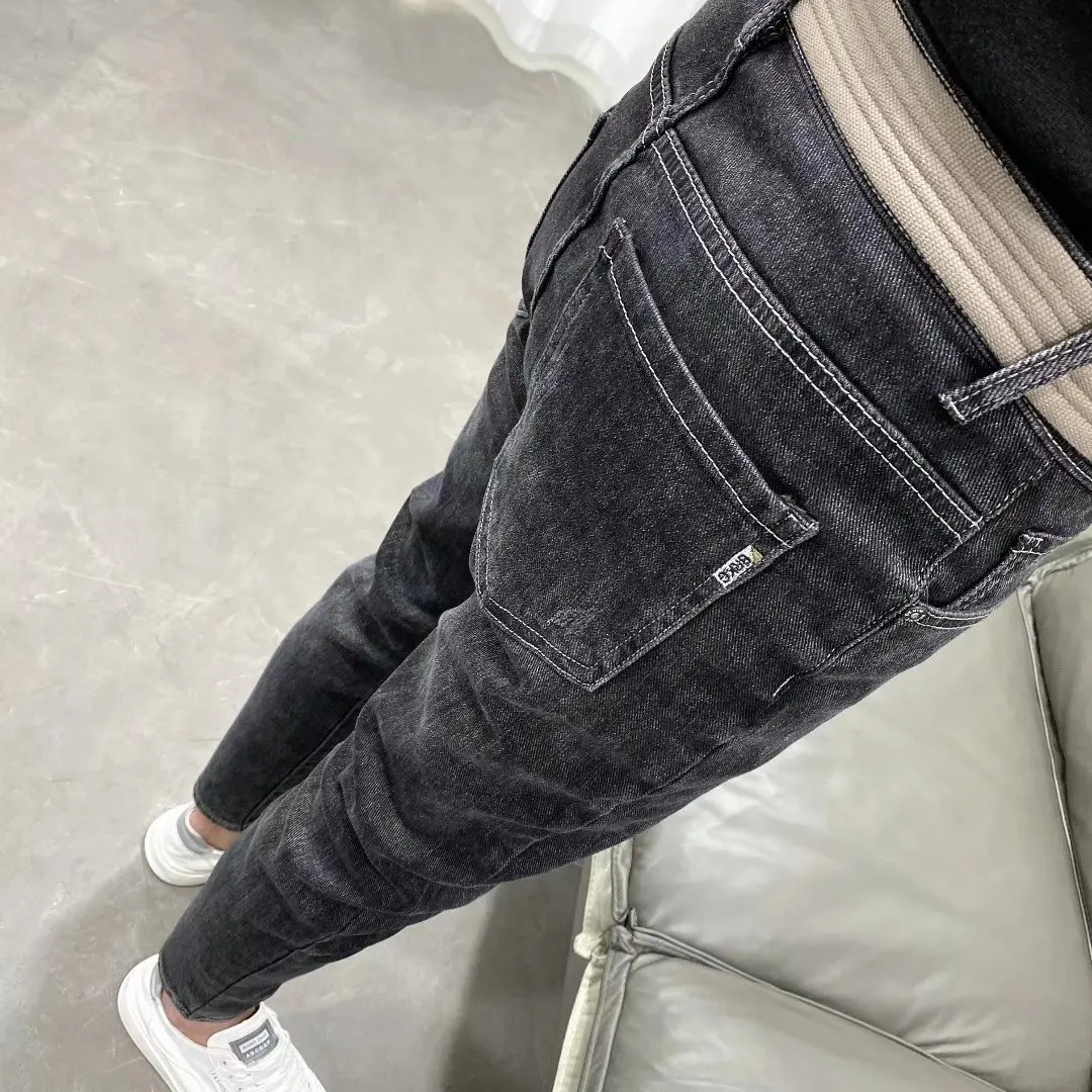 

free Belt Gray Black Slightly Broken Slim Fit Jeans Men's Fashion Autumn Korean Social Youth Student Denim Pants Cargo Pants