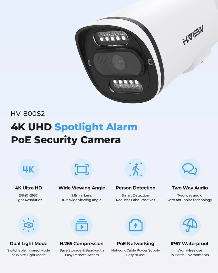H.VIEW poe防犯カメラ　HV-800S2　 2台 H.VIEW 4K POE Camera with Two-way Audio, Cloud Server