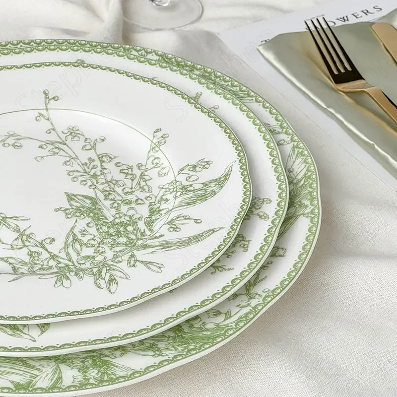 Assiette &agrave; steak et p&acirc;tes en porcelaine, assiettes quePlates, muguet vert &eacute;meraude, am&eacute;ricain, moderne, th&eacute; de l'apr&egrave;s-midi, g&acirc;t