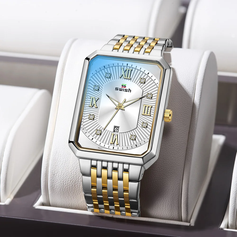 Swish Top Silver Quartz Watch for Man Roman Index Date Rectangle Case Sport Wristwatch Relogio Masculino Waterproof